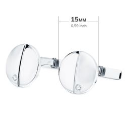 18K Gemelos Oro Blanco Redondos Mate Brillo 15 Mm Circonita Cierre Rigido Oscilante