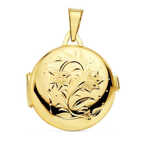 18K Guardapelo Dije Portafotos Oro Amarillo Redondo Labrado. 23 Mm