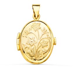 18K Guardapelo Dije Portafotos Oval Oro Amarillo Labrado. 26X21 Mm