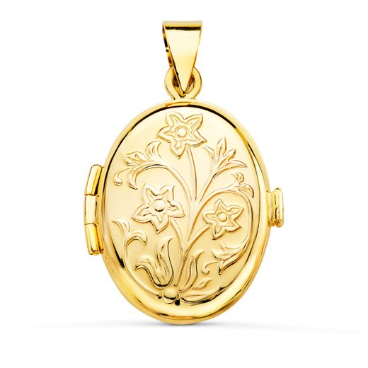 18K Guardapelo Dije Portafotos Oval Oro Amarillo Labrado. 26X21 Mm