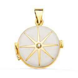 18K Guardapelo Dije Portafotos Redondo Oro Amarillo Esmalte Blanco Diamante 0.035 Qtes. 21 Mm