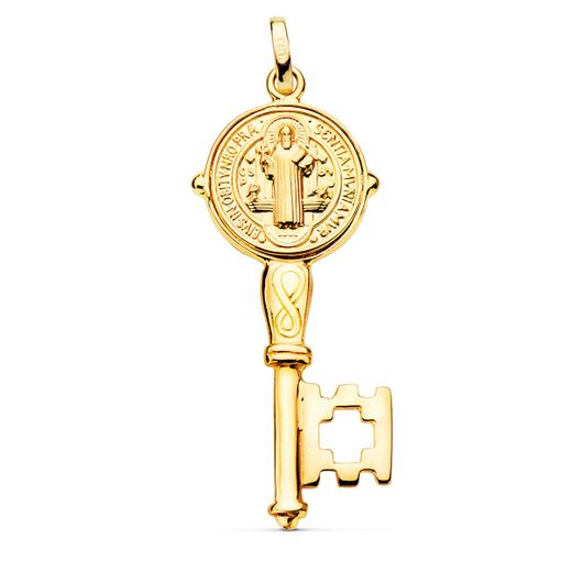 18K Llave Escapulario Oro Amarillo San Benito Monje Brillo Medalla Oro Amarillo 12 Mm Llave 33X16 Mm