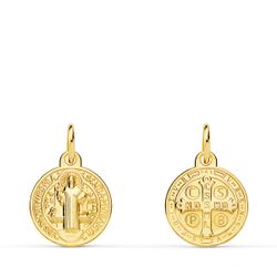 18K Medalla Escapulario Oro Amarillo San Benito Monje 12 Mm Matizada