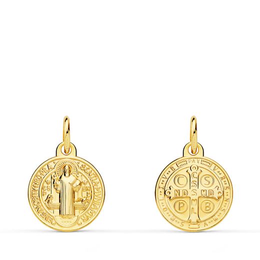18K Medalla Escapulario Oro Amarillo San Benito Monje 12 Mm Matizada