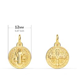 18K Medalla Escapulario Oro Amarillo San Benito Monje 12 Mm Matizada
