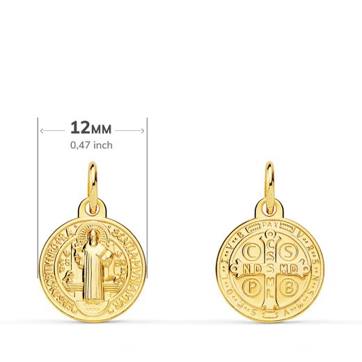 18K Medalla Escapulario Oro Amarillo San Benito Monje 12 Mm Matizada