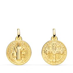 18K Medalla Escapulario Oro Amarillo San Benito Monje 16 Mm Matizada