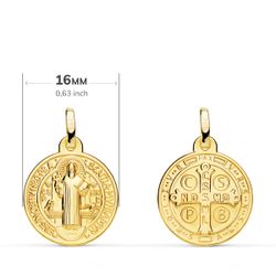 18K Medalla Escapulario Oro Amarillo San Benito Monje 16 Mm Matizada