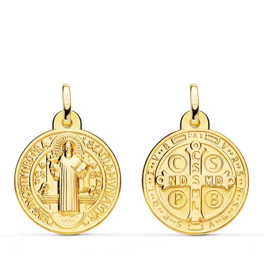 18K Medalla Escapulario Oro Amarillo San Benito Monje 20 Mm Matizada