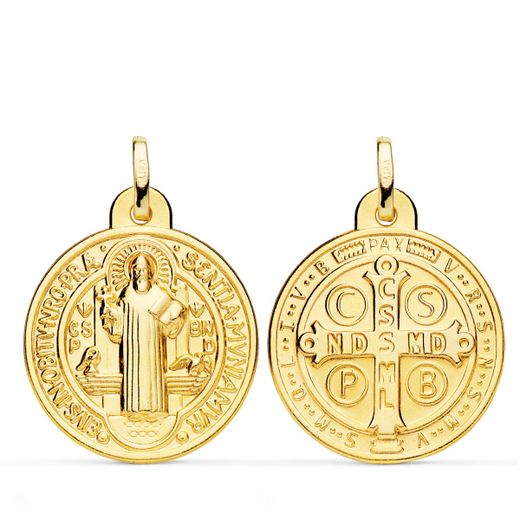 18K Medalla Escapulario Oro San Benito Monje 24 Mm Matizado