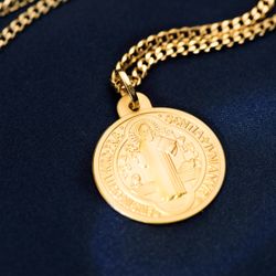 18K Medalla Escapulario Oro San Benito Monje 24 Mm Matizado