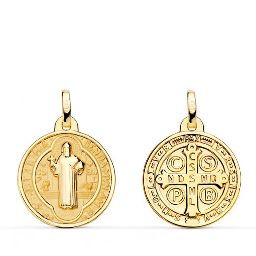 18K Medalla Escapulario San Benito Monje Brillo Y Fondo Matizado 18 Mm Espalda En Brillo