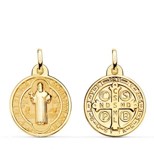 18K Medalla Escapulario San Benito Monje Brillo Y Fondo Matizado 24 Mm Espalda En Brillo