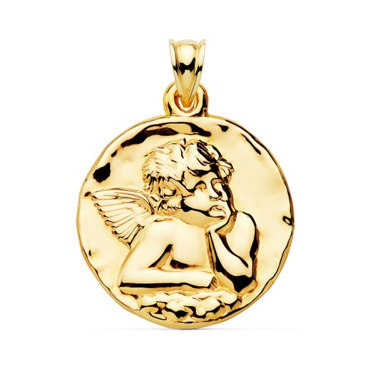 18K Medalla Oro Amarillo Angel Burlon Brillo 35 Mm