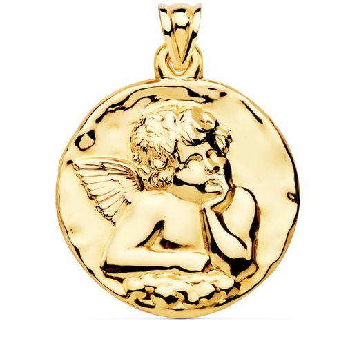 18K Medalla Oro Amarillo Angel Burlon Brillo 40 Mm