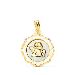 18K Medalla Oro Amarillo Angelito Burlon Esmalte Blanco Y Cerco Calado En Brillo 20X18 Mm