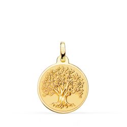 18K Medalla Oro Amarillo Arbol De La Vida En Brillo Y Fondo Matizado 18 Mm