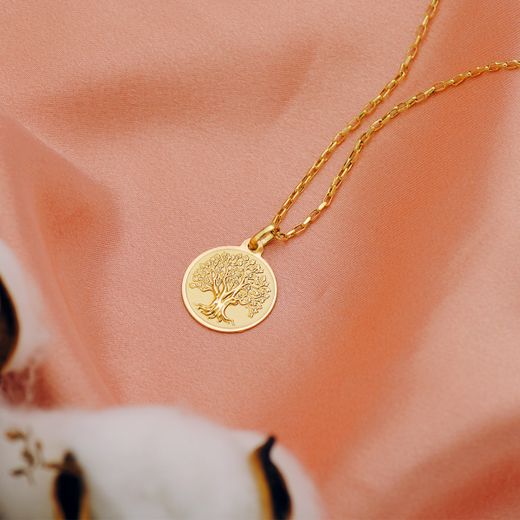 18K Medalla Oro Amarillo Arbol De La Vida En Brillo Y Fondo Matizado 18 Mm