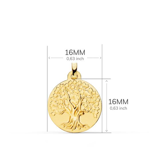 18K Medalla Oro Amarillo Arbol De La Vida Matizada 16 Mm
