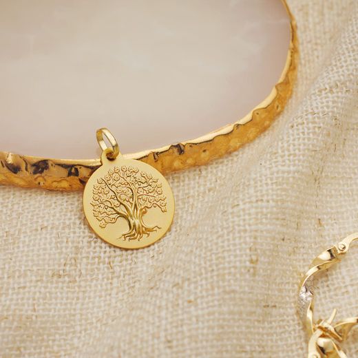 18K Medalla Oro Amarillo Arbol De La Vida Matizada 18 Mm