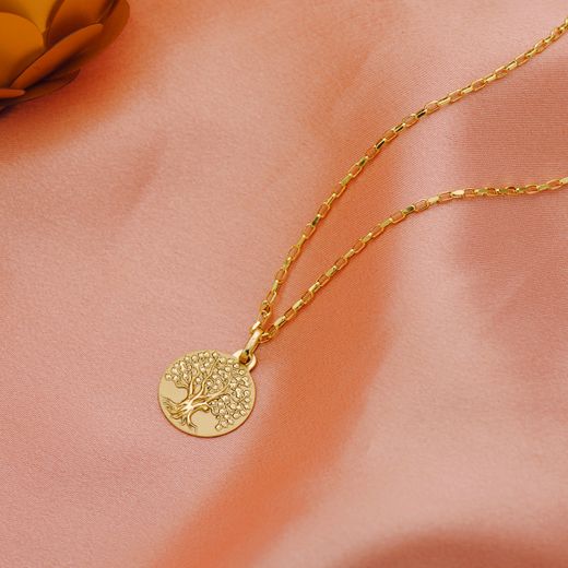 18K Medalla Oro Amarillo Arbol De La Vida Matizada Y Brillo 16 Mm
