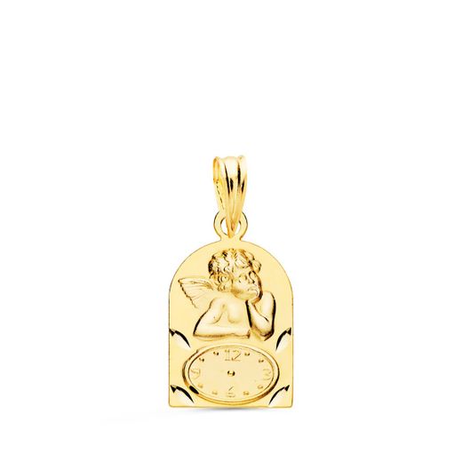 18K Medalla Oro Amarillo Arco Angelito Burol Con Reloj Tallada 18X11 Mm