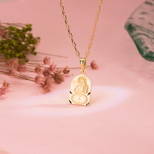 18K Medalla Oro Amarillo Arco Angelito Burol Con Reloj Tallada 18X11 Mm