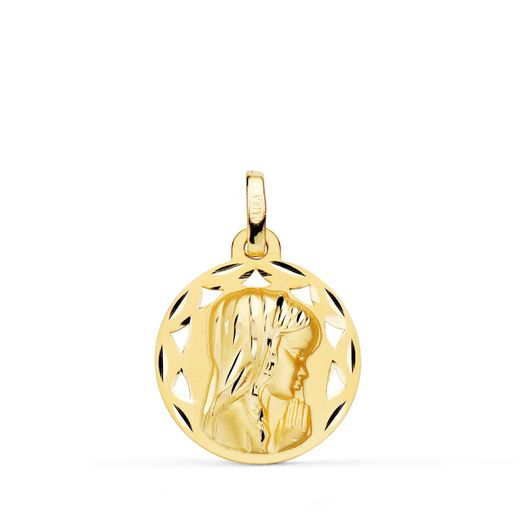 18K Medalla Oro Amarillo Calada Virgen Niña Perfil Tallada 18 Mm