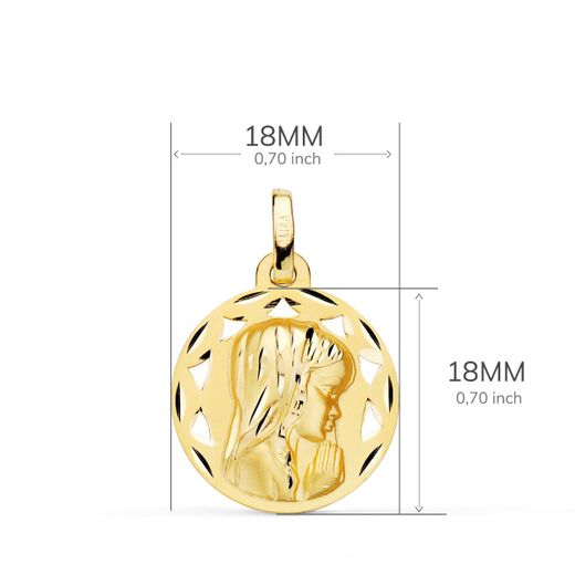 18K Medalla Oro Amarillo Calada Virgen Niña Perfil Tallada 18 Mm