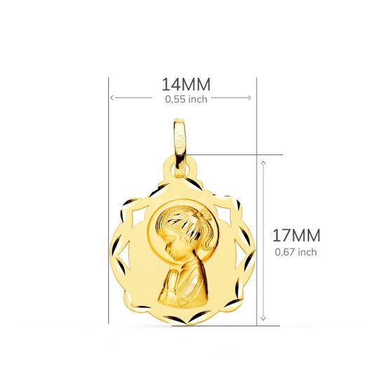 18K Medalla Oro Amarillo Capilla Virgen Niña Perfil Matizada 17X14 Mm