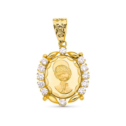 18K Medalla Oro Amarillo Comunion Circonita 19X15 Mm