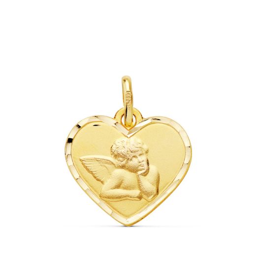 18K Medalla Oro Amarillo Corazon Angelito Burlon Bordes Tallados. 14 Mm