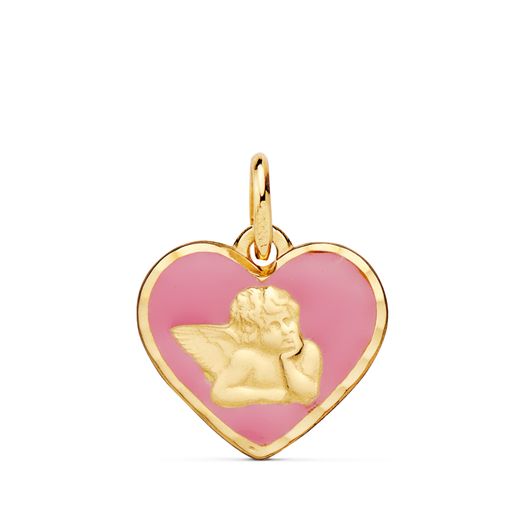 18K Medalla Oro Amarillo Corazon Angelito Burlon Esmalte Rosa 14 Mm