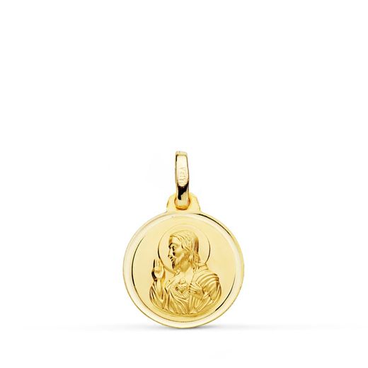 18K Medalla Oro Amarillo Cristo Sagrado Corazon De Jesus Bisel 14 Mm