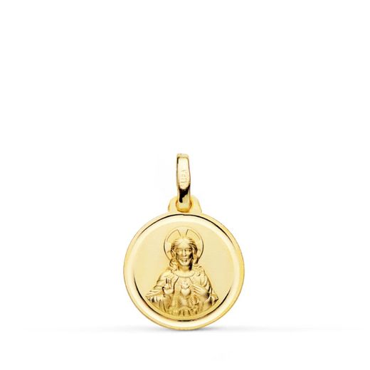 18K Medalla Oro Amarillo Cristo Sagrado Corazon De Jesus Bisel 14 Mm