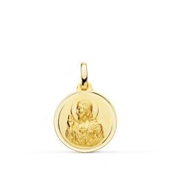 18K Medalla Oro Amarillo Cristo Sagrado Corazon De Jesus Bisel 16 Mm