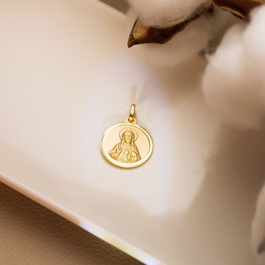 18K Medalla Oro Amarillo Cristo Sagrado Corazon De Jesus Bisel 18 Mm