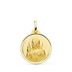 18K Medalla Oro Amarillo Cristo Sagrado Corazon De Jesus Bisel 20 Mm