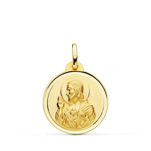 18K Medalla Oro Amarillo Cristo Sagrado Corazon De Jesus Bisel 20 Mm