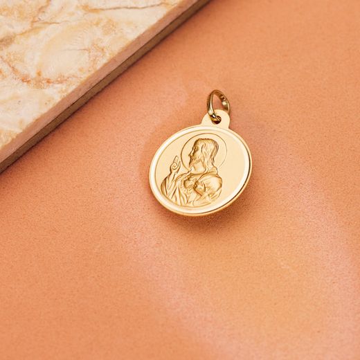 18K Medalla Oro Amarillo Cristo Sagrado Corazon De Jesus Bisel 20 Mm