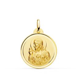 18K Medalla Oro Amarillo Cristo Sagrado Corazon De Jesus Bisel 22 Mm