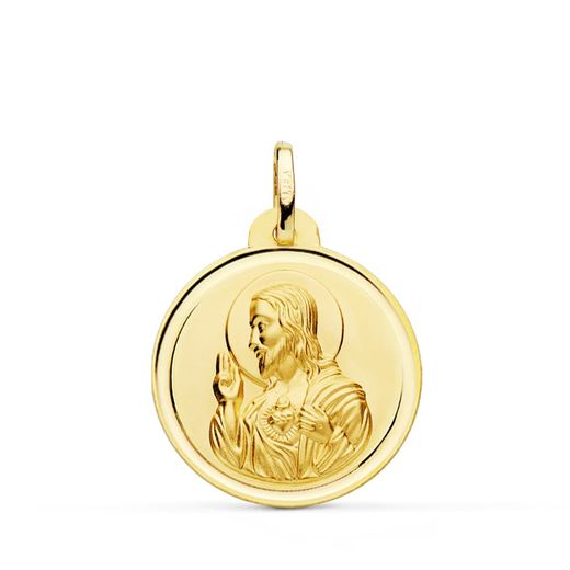 18K Medalla Oro Amarillo Cristo Sagrado Corazon De Jesus Bisel 22 Mm