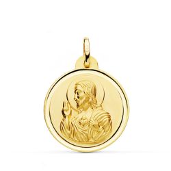 18K Medalla Oro Amarillo Cristo Sagrado Corazon De Jesus Bisel 24 Mm