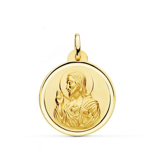 18K Medalla Oro Amarillo Cristo Sagrado Corazon De Jesus Bisel 24 Mm