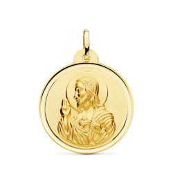 18K Medalla Oro Amarillo Cristo Sagrado Corazon De Jesus Bisel 26 Mm