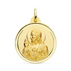 18K Medalla Oro Amarillo Cristo Sagrado Corazon De Jesus Bisel 28 Mm