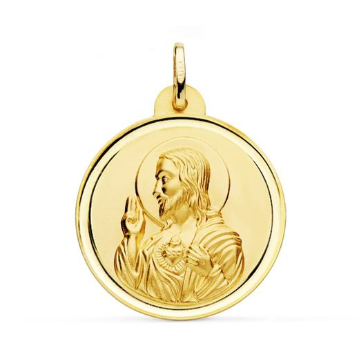 18K Medalla Oro Amarillo Cristo Sagrado Corazon De Jesus Bisel 28 Mm