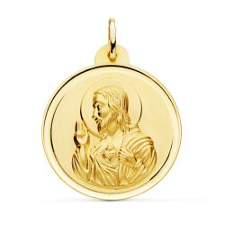 18K Medalla Oro Amarillo Cristo Sagrado Corazon De Jesus Bisel 30 Mm