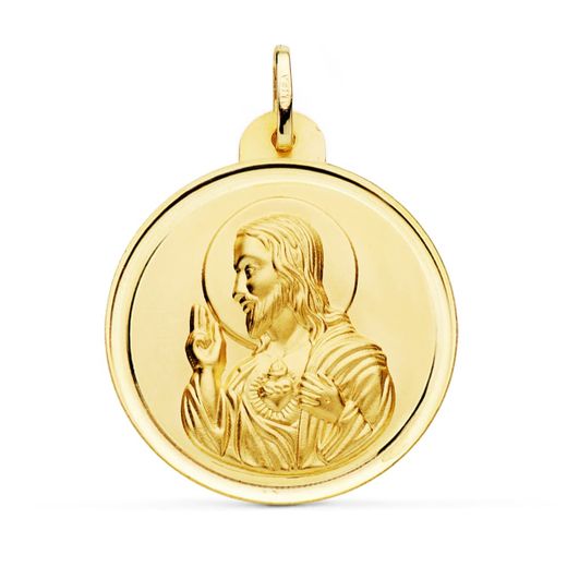 18K Medalla Oro Amarillo Cristo Sagrado Corazon De Jesus Bisel 30 Mm
