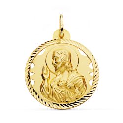 18K Medalla Oro Amarillo Cristo Sagrado Corazon De Jesus Calado Cerco Helice Tallado 28 Mm